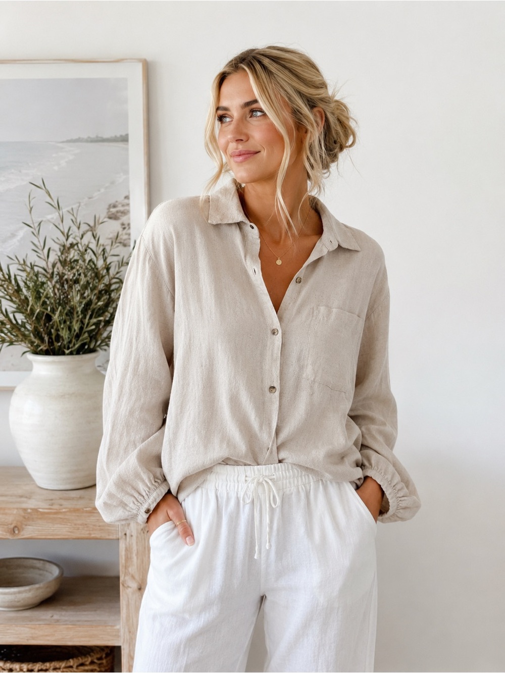 LACAUSA Lightweight Button-Up Blouse in Beige